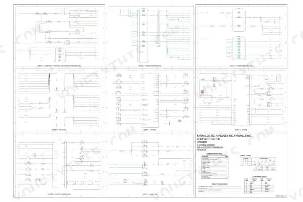 Case IH Farmall 40C 50C service manual, electrical schematic poster sheets, starting, charging, power distribution and lighting circuits (page 1812)
