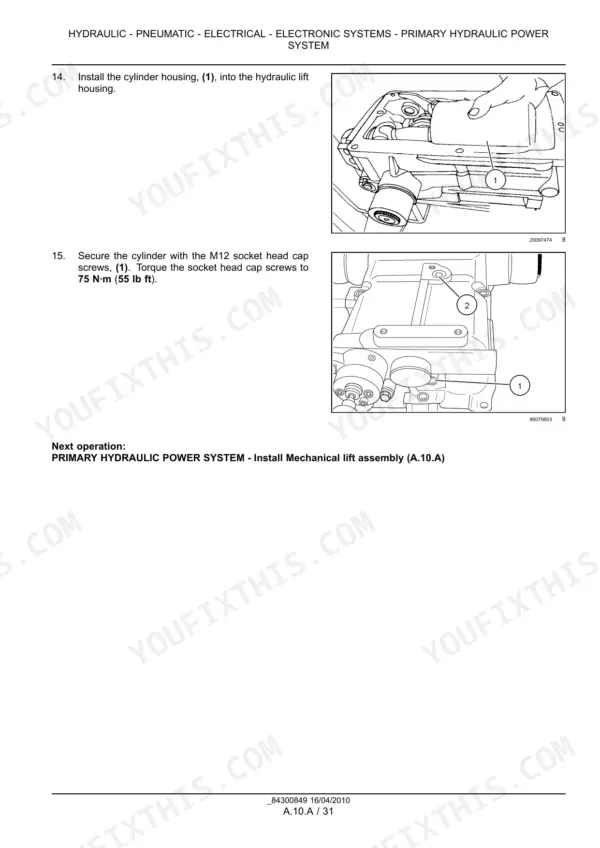 Case IH Farmall 45A, Farmall 55A hydraulic lift cylinder housing installation and torque procedure diagram.