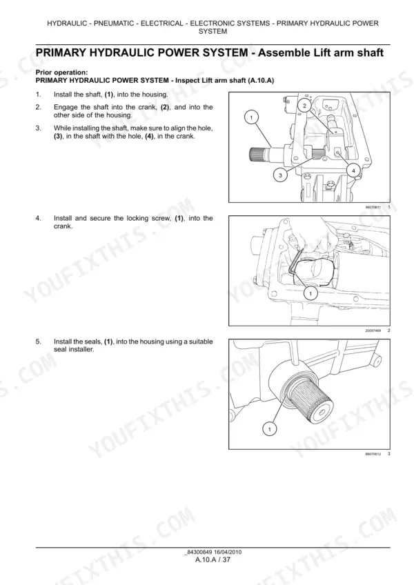 Case IH Farmall 45A, Farmall 55A service manual procedure for assembling the primary hydraulic power system lift arm shaft.