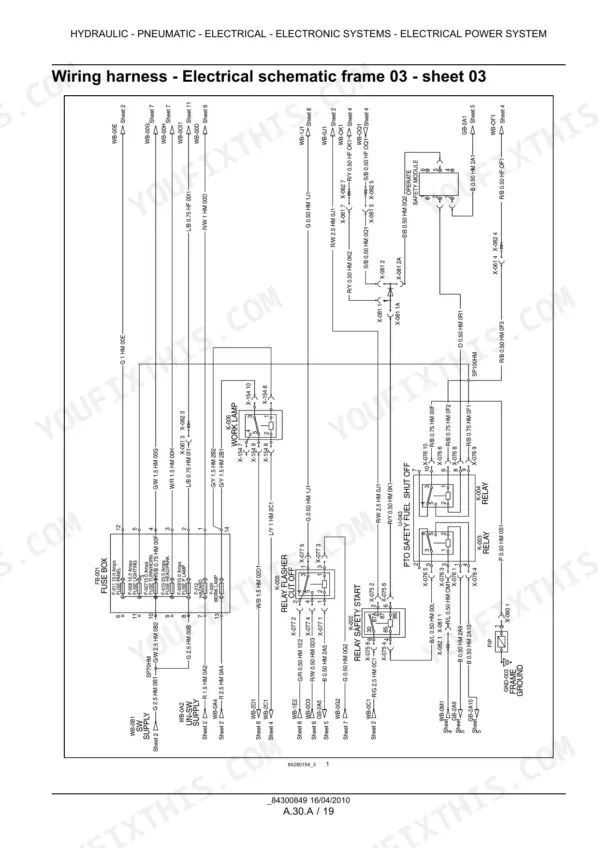 Case IH Farmall 45A, Farmall 55A electrical schematic showing fuse box, work lamp, PTO safety shut off, and relays.