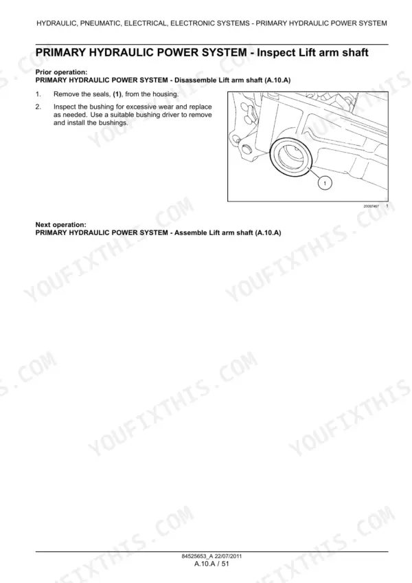 Case IH Farmall 45A, Farmall 55A service manual procedure for inspecting the primary hydraulic power system lift arm shaft.