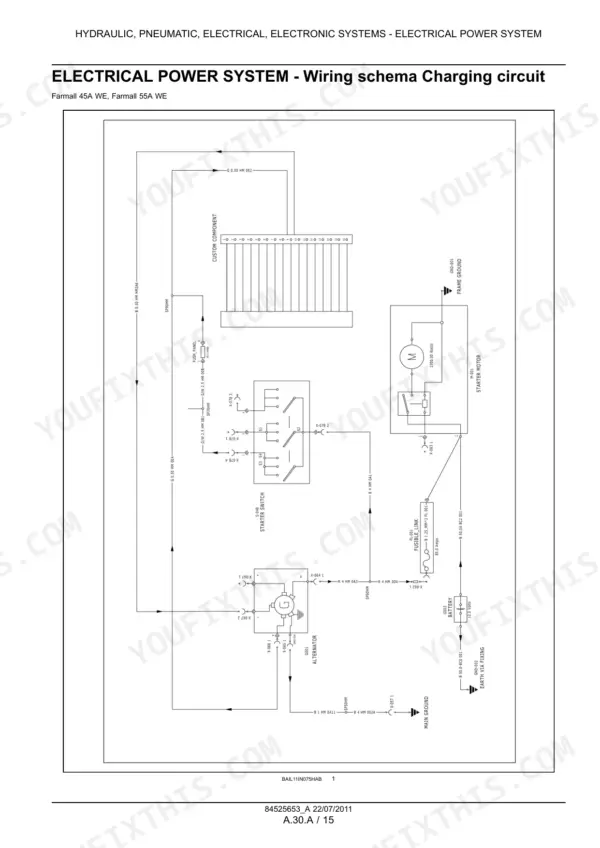 Case IH Farmall 45A, Farmall 55A wiring diagram for the charging circuit, including alternator, starter motor, and battery.