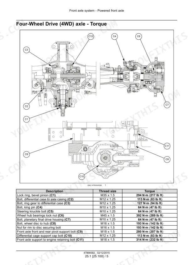 Case IH Farmall 50A, 60A, 70A 4WD front axle torque specifications table and component assembly diagram.