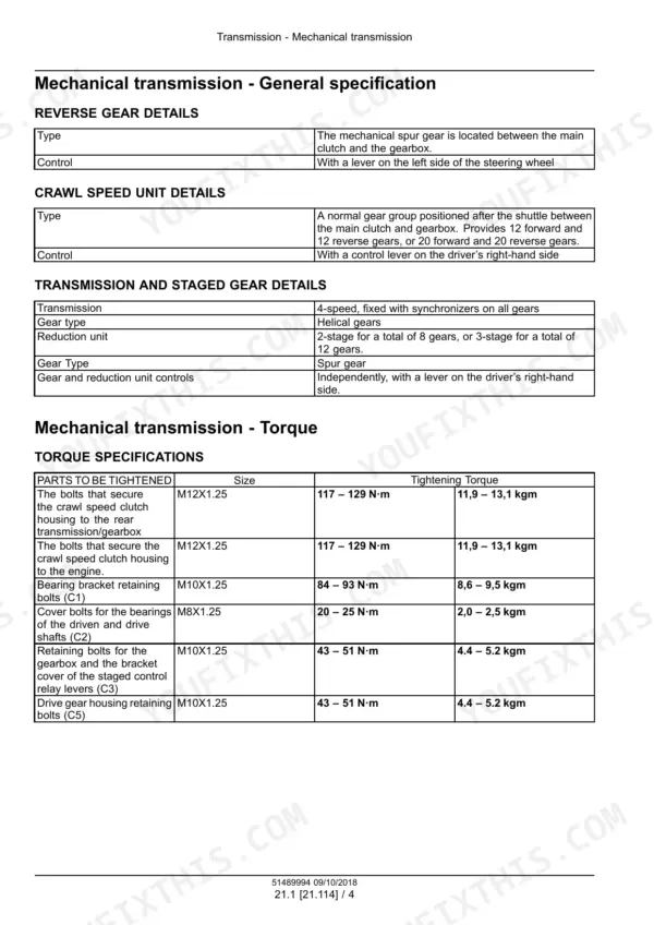 Case IH Farmall 55A, 65A, 75A mechanical transmission specifications, gear details, and torque settings table.