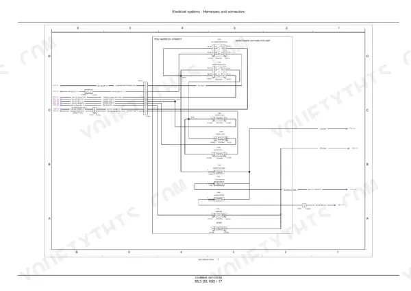 Case IH Farmall 55A, 65A, 75A wiring diagram showing the PDU harness, starter motor relay, engine power relay, and fuse box layout.
