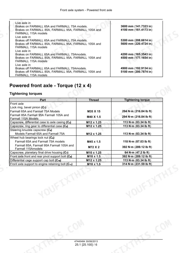 Case IH Farmall 65A, 75A, 85A, 95A, 105A, 115A front axle system torque specifications and tightening values table.