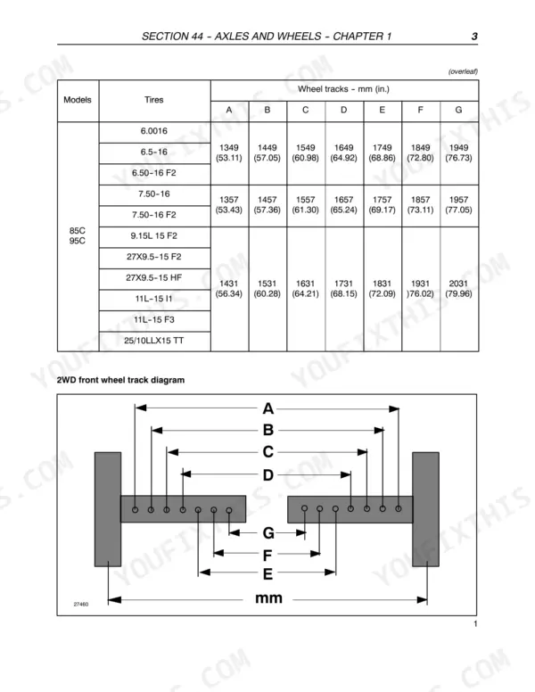 case-ih-farmall-65c-75c-85c-95c-service-manual-axles-and-wheels-643-2.webp Case IH Farmall 65C, 75C, 85C, 95C wheel track settings table by tire size with 2WD front wheel track diagram