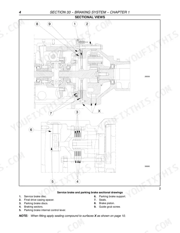 Case IH Farmall 65C, 75C, 85C, 95C braking system sectional views