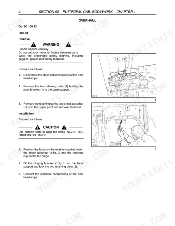 Case IH Farmall 65C, 75C, 85C, 95C hood removal and installation steps with figures (Op. 90 100 22)