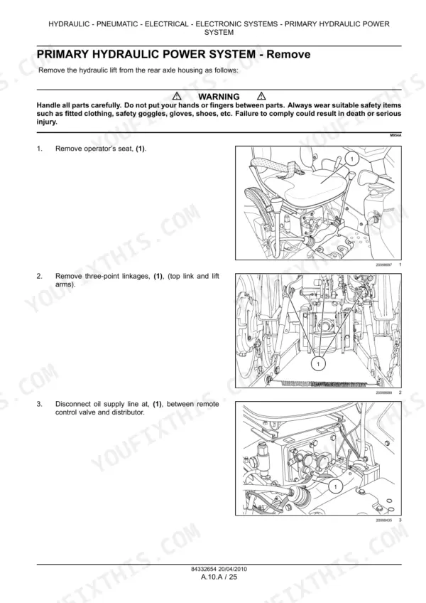 Case IH Farmall 75A service manual procedure for removing the primary hydraulic power system and hydraulic lift components.