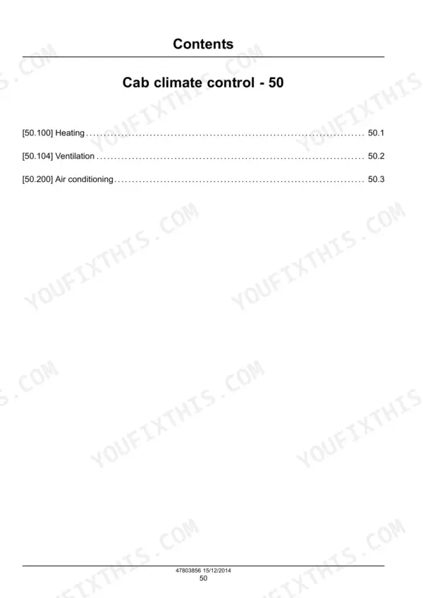 Case IH Farmall 75C-115C service manual contents page for section 50 Cab climate control: heating, ventilation, air conditioning