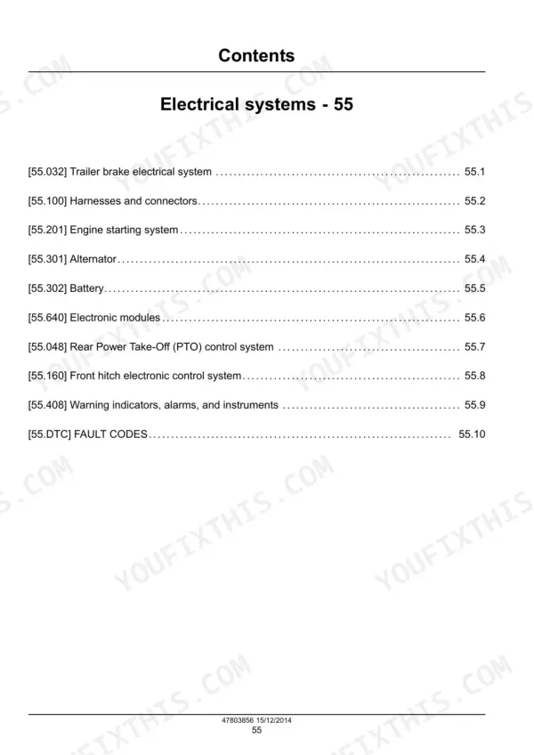 Case IH Farmall 75C-115C service manual section 55 Electrical systems contents: trailer brake electrical, alternator, battery, modules, fault codes