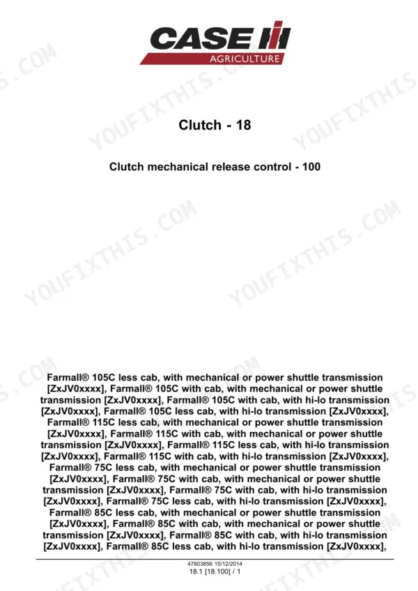Case IH Farmall 75C-115C service manual title page for section 18 Clutch, mechanical release control, listing cab and platform variants