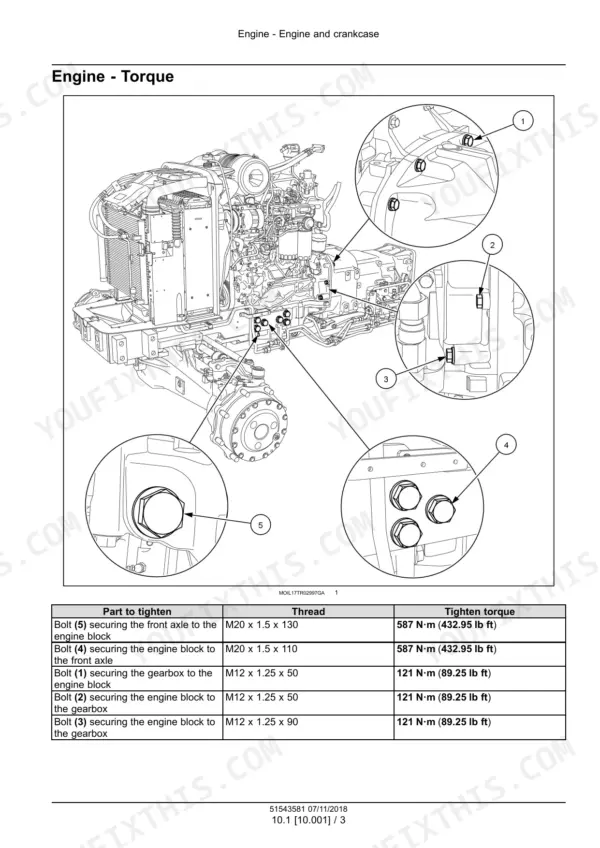 Case IH Farmall 90C, 100C, 110C, 120C engine and crankcase torque specifications table and bolt location diagram.
