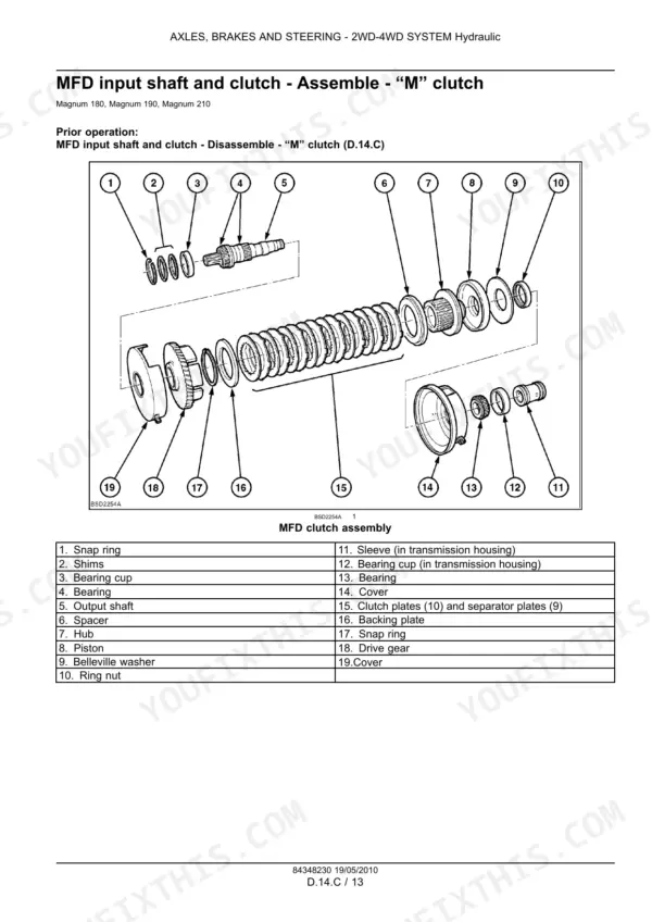 case-ih-magnum-180-190-210-225-service-manual-4wd-steering-and-brakes-2389-1.webp Case IH Magnum 180, 190, 210 MFD input shaft and M clutch assembly exploded view with numbered parts list