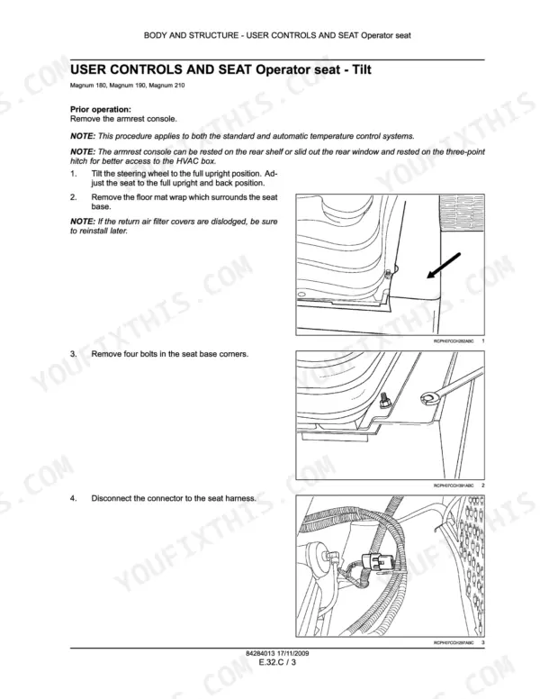 Case IH Magnum 180, 190, 210 operator seat tilt procedure with photos of the seat mounting and harness connector
