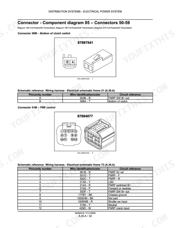 Case IH Magnum 180, 190, 210 connector component diagram 05 with connector face views and wiring harness schematic reference tables
