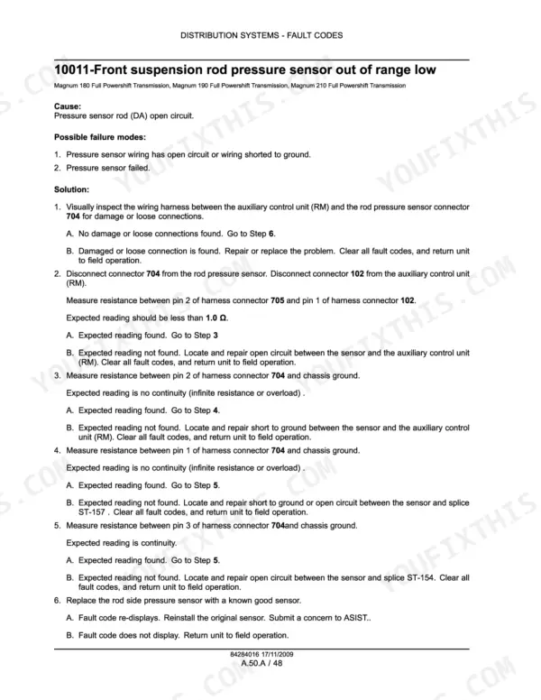 Case IH Magnum 180, 190, 210 fault code 10011 front suspension rod pressure sensor out of range low, causes and test steps