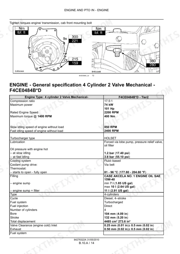 Case IH Maxxum 100-140 engine torque diagrams and F4CE0484B*D 4-cylinder engine specifications table.