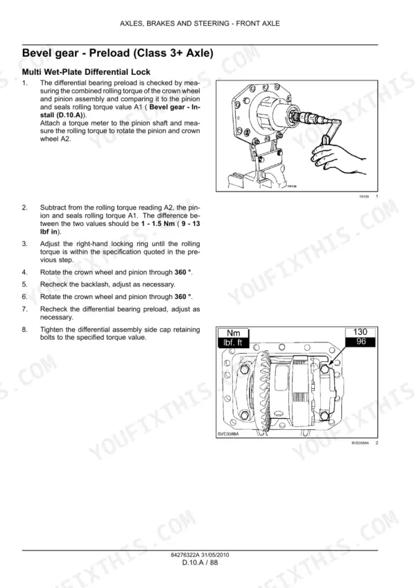Case IH Maxxum 100-140: Front axle bevel gear preload procedure, differential lock torque specs, and rolling torque adjustment steps.