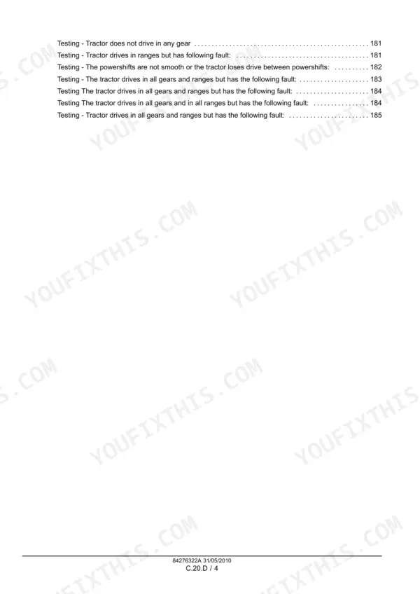 Case IH Maxxum 100-140 troubleshooting table of contents for transmission drive and powershift testing procedures.