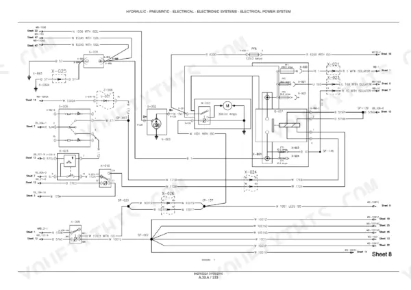 Case IH Maxxum 100-140 electrical power system wiring diagram showing alternator, starter motor, fuses, and relay connections.