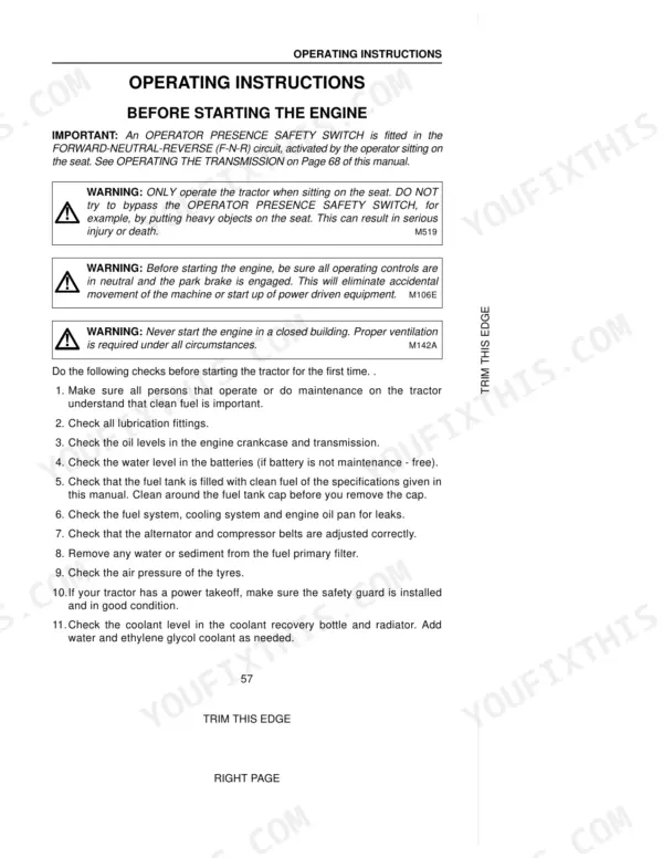 Case MX100, MX110, MX120, MX135, MX150, MX170 operating instructions, engine start safety warnings, and pre-start maintenance checklist.