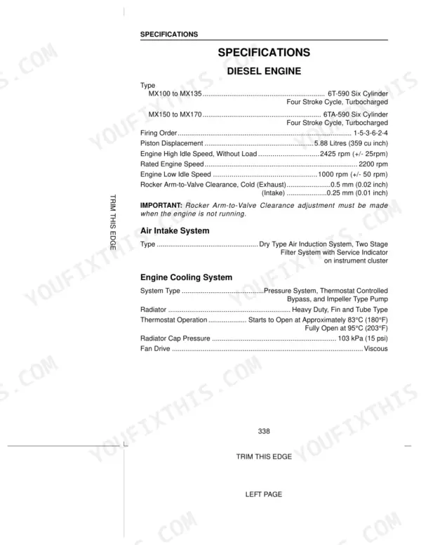 Case MX100, MX110, MX120, MX135, MX150, MX170 diesel engine, air intake, and cooling system technical specifications table.