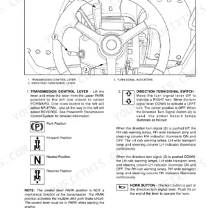 Case IH MX210, MX240 steering column controls, transmission lever, turn signal, and horn button operation guide.