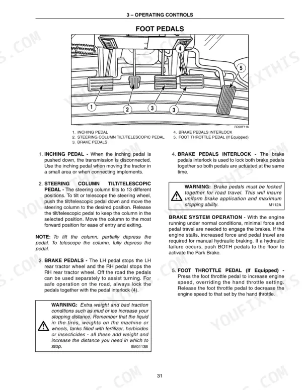 Case IH MX210, MX240 operator manual page showing foot pedal controls, inching pedal, brake interlock, and throttle operation.