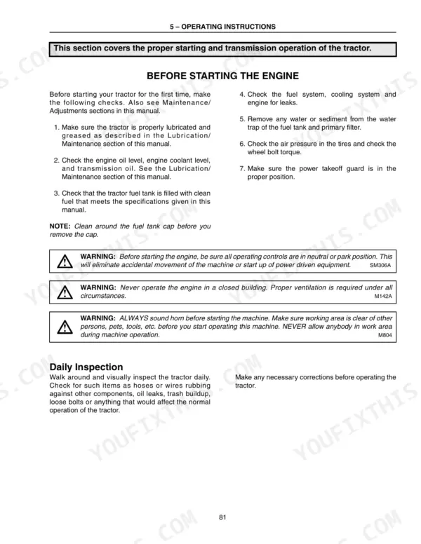 Case IH MX210, MX240 operator manual page detailing engine starting procedures, safety warnings, and daily inspection steps.
