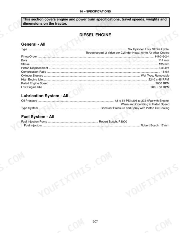 Case IH MX210, MX240 diesel engine specifications table including bore, stroke, compression ratio, and lubrication system data.