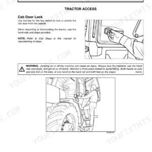 Case IH MX210, MX230, MX255, MX285 tractor access guide showing cab door lock operation and safe mounting procedures.