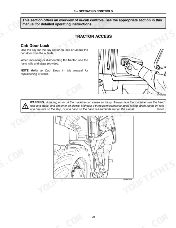 case-ih-mx210-mx285-series-tractor-operator-manual-6-31483-controls-35.webp Case IH MX210, MX230, MX255, MX285 tractor access guide showing cab door lock operation and safe mounting procedures.