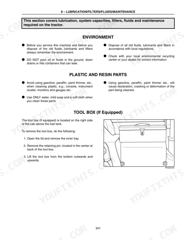 Case IH MX210, MX230, MX255, MX285 maintenance manual page showing environmental guidelines, plastic cleaning, and tool box removal.