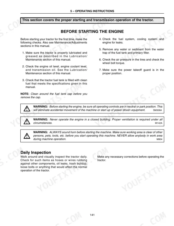 Case IH MX210, MX230, MX255, MX285 operator manual page covering engine starting procedures, daily inspection, and safety warnings.