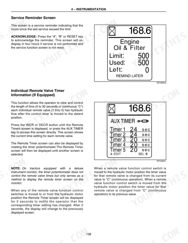 Case IH MX210, MX230, MX255, MX285 service reminder screen and remote valve timer display operation procedures.