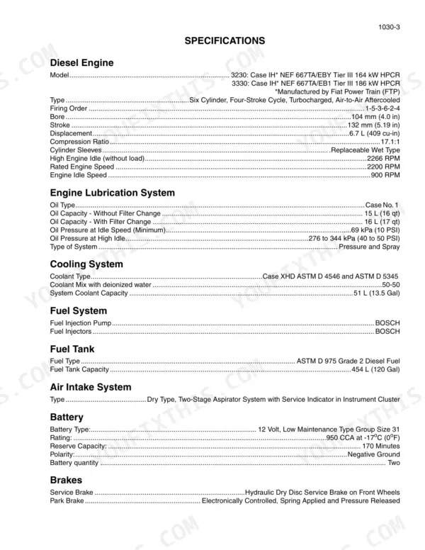 Case IH Patriot 3230, 3330 diesel engine, lubrication, cooling, fuel and battery specifications