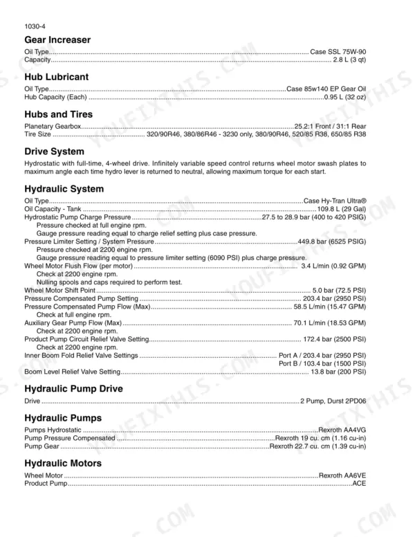 Case IH Patriot 3230, 3330 specifications page with hydraulic system pressures, pump flows and relief valve settings