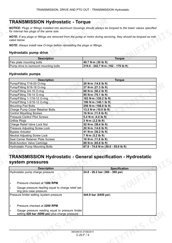 Case IH Patriot 4430 hydrostatic transmission torque specifications and system pressure settings table for pumps and fittings.
