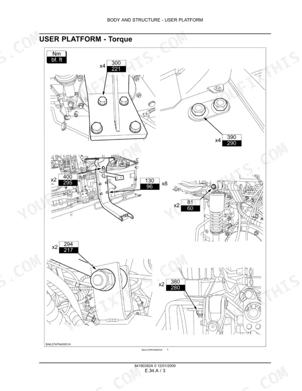 case-ih-puma-165-180-195-210-225-cvt-service-manual-body-and-structure-1895.webp Case IH Puma 165-225 user platform torque specifications diagram showing bolt tightening values for cab and chassis mounts.