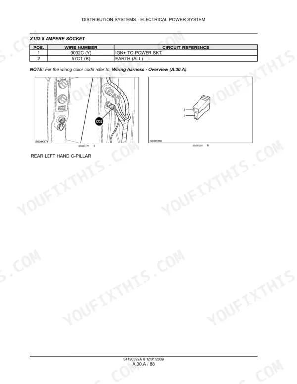 Case IH Puma 165-225 wiring diagram for X132 8-ampere socket, C-pillar location, and pinout table.