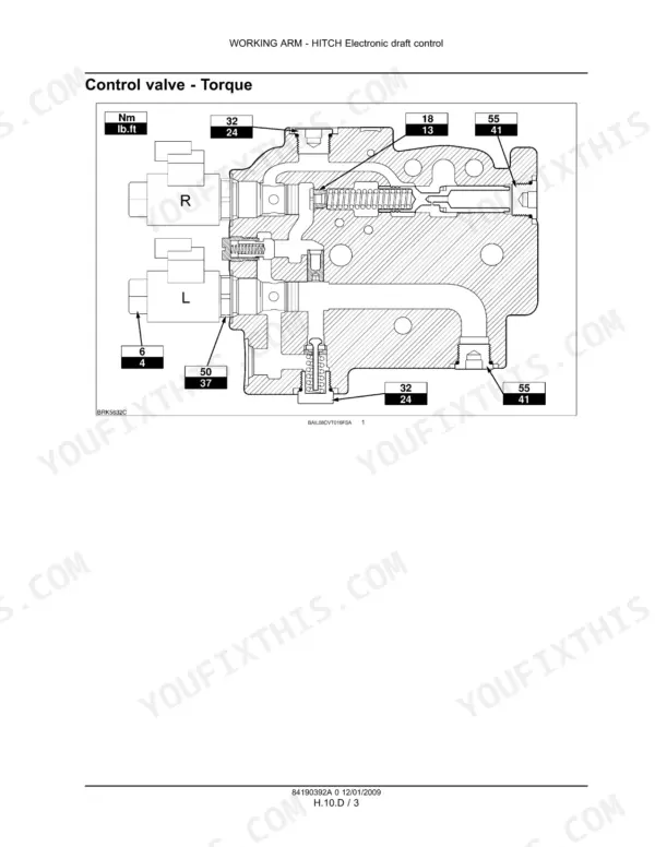 Case IH Puma 165-225 hitch electronic draft control valve torque specification diagram with Nm and lb.ft values.