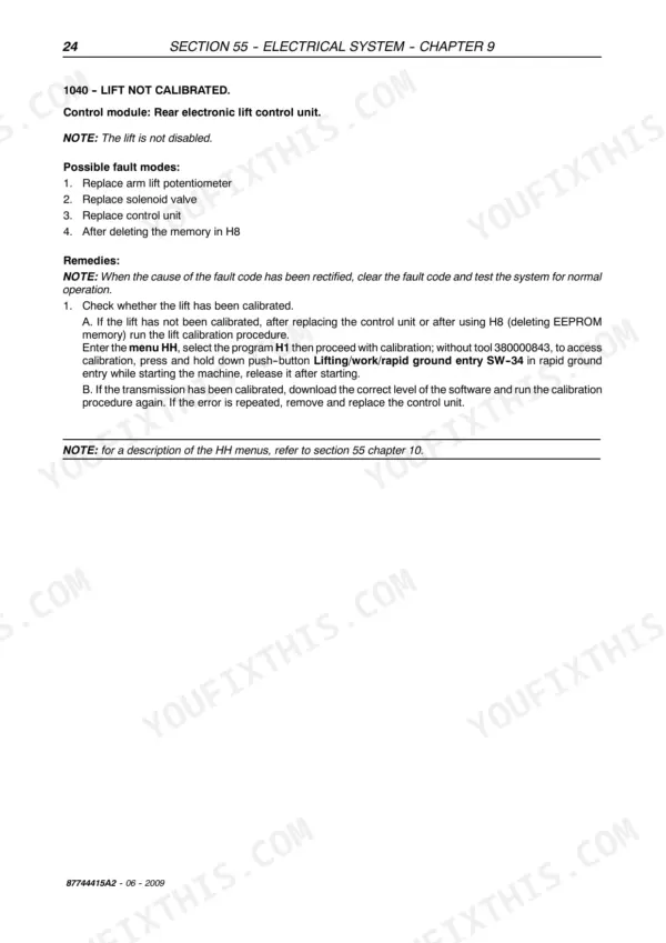 Case IH Quantum fault code 1040 lift not calibrated: control module, possible fault modes and HH menu calibration remedy