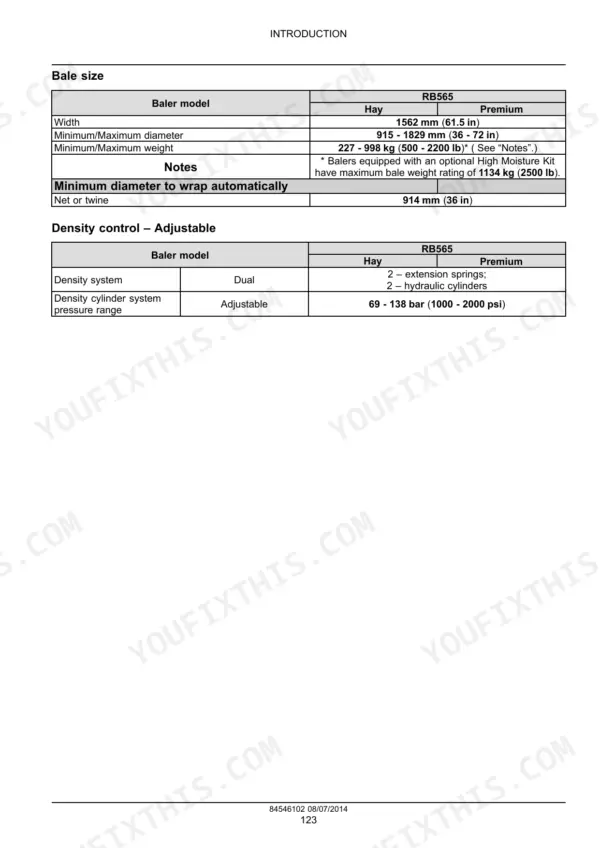 Case IH RB565 specifications table for bale size, weight, and adjustable density control settings.