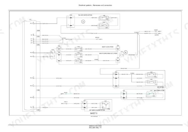 Case IH RB455, RB465, RB565 electrical wiring diagram showing tail gate, drop floor, net, and bale ramp switch options.
