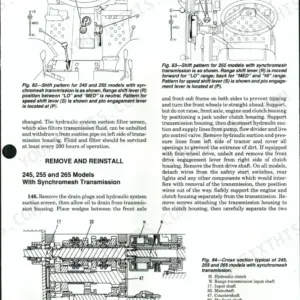 Case/international 235, 235H, 245, 255, 265, 275 shift patterns, transmission removal procedures, and synchromesh cross-section.