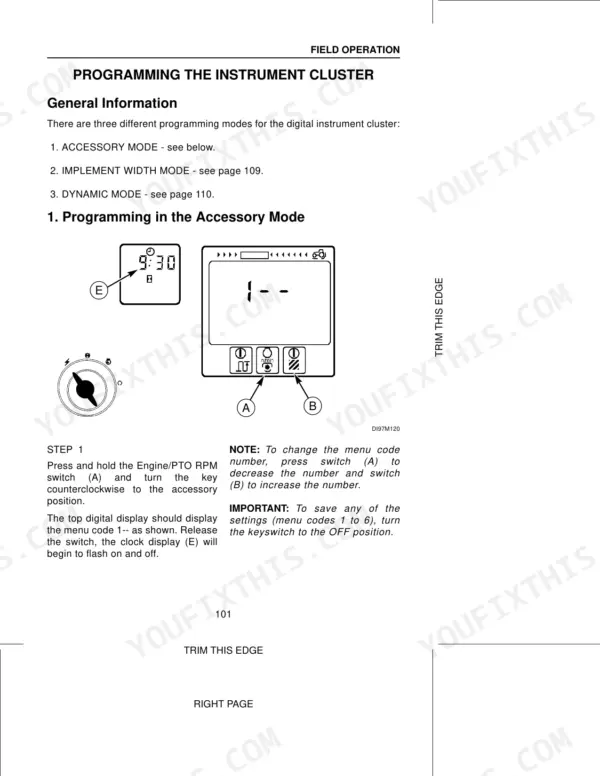 Case MX100, MX110, MX120, MX135 instrument cluster programming procedure for accessory mode with display diagrams.