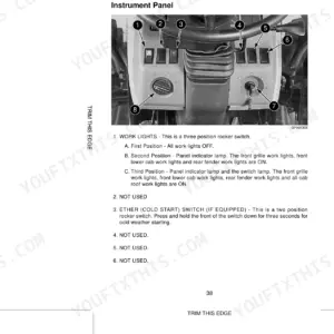 Case MX100, MX110, MX120, MX135 instrument panel controls diagram showing work lights and ether cold start switch locations.