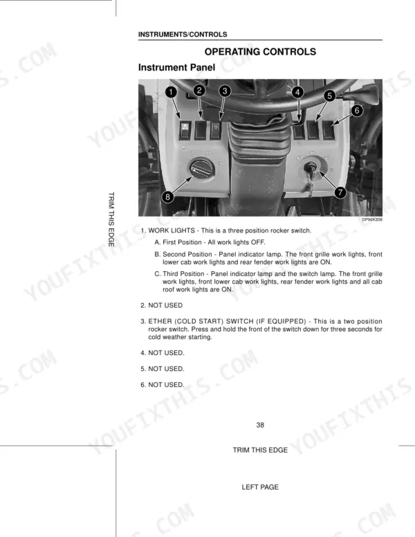 case-mx100-mx135-series-tractor-operator-manual-don-9-78374-controls-43.webp Case MX100, MX110, MX120, MX135 instrument panel controls diagram showing work lights and ether cold start switch locations.